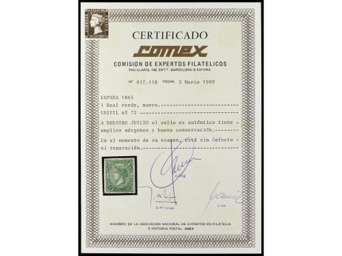 * ESPAÑA. Ed. 72. 1 real verde. PIEZA DE LUJO. Cert. COMEX. 