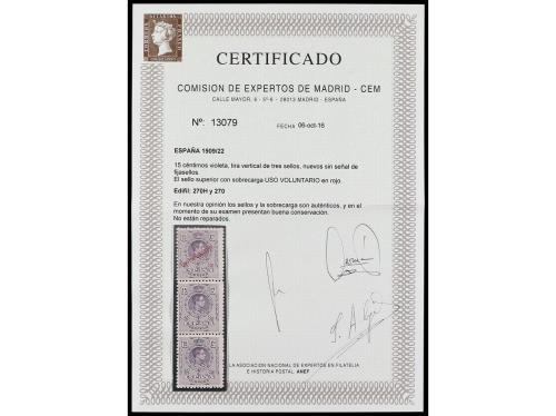 ** ESPAÑA. Ed. 270H, 270 (2). 15 cts. violeta. Tira de 3, se