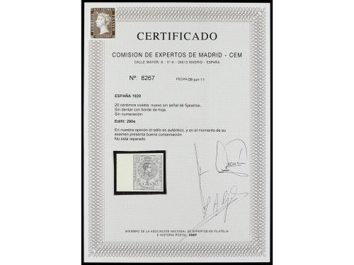 ** ESPAÑA. Ed. 290s. 20 céntimos violeta SIN DENTAR, borde d