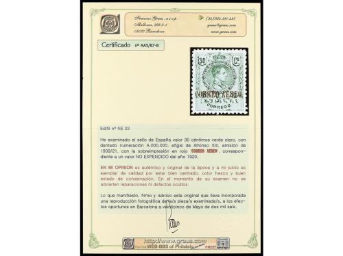 * ESPAÑA. Ed. NE 22. 30 céntimos verde, NO EXPENDIDO. Muy bi