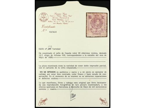 * ESPAÑA. Ed. 273. 20 cts. violeta. Cifra "20" empastada. RA