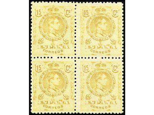 * ESPAÑA. Ed. 271 (4). 15 cts. amarillo. Bloque de 4, 2 sell