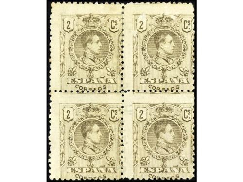 * ESPAÑA. Ed. 267 (4). 2 cts. sepia. Bloque de cuatro. Numer