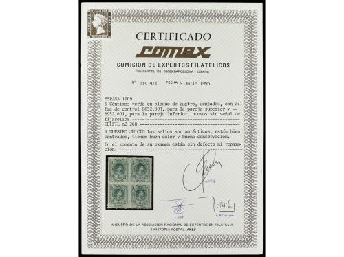 ** ESPAÑA. Ed. 268 (4). 5 cts. verde. Bloque de 4, sellos su