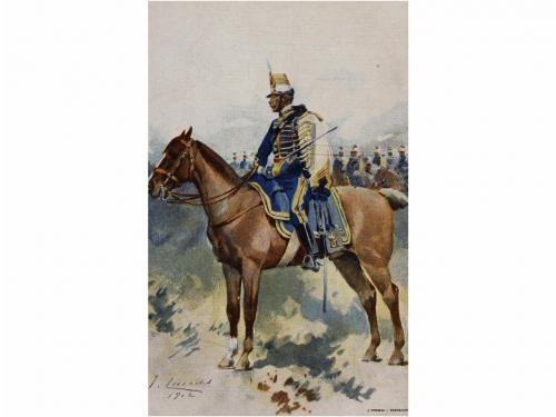 1903. POSTALES. CUSACHS:. MILITARES A CABALLO. Serie de 10 c