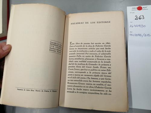 1931. LIBRO. (LITERATURA-GENERACIÓN 27). GARCIA LORCA, FEDE