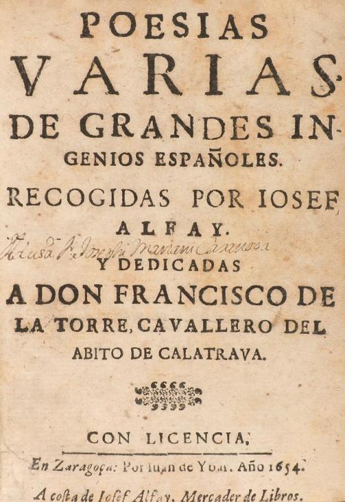 1654. LIBRO. (LITERATURA). ALFAY, IOSEF:. POESIAS VARIAS DE
