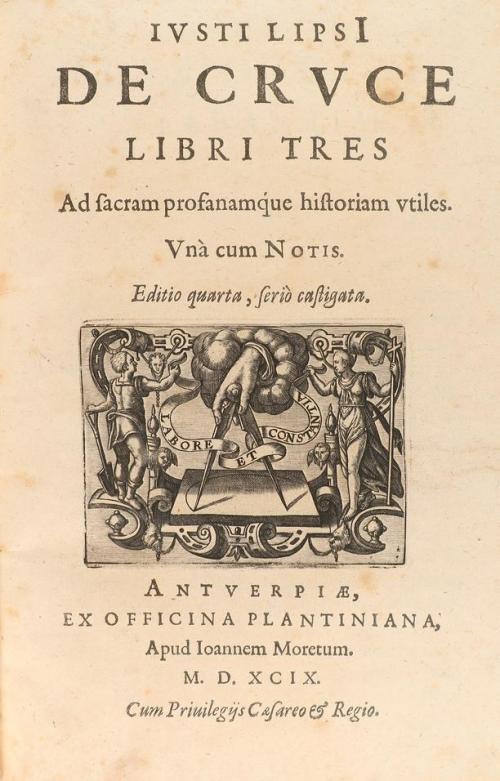 1599. LIBRO. (HISTORIA). LIPSI, IUSTI:. DE CRUCE LIBRI TRES,