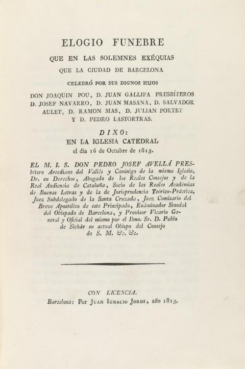 1815. LIBRO. (BARCELONA-EXEQUIAS). AVELLÁ, PEDRO JOSEF:. ELO