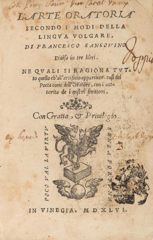 1546. LIBRO. (LINGÜÍSTICA ITALIANA). SANSOVINO, FRANCESCO:. 