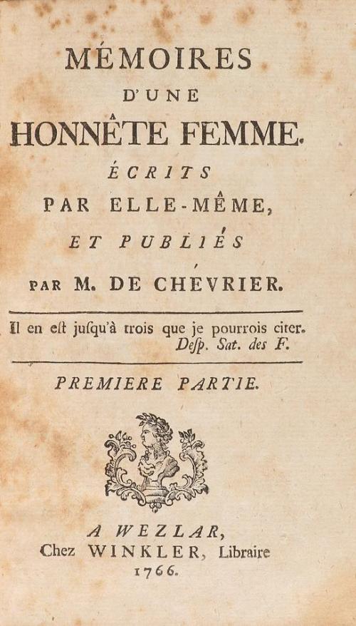1766. LIBRO. (LITERATURA). CHEVRIER, M. DE:. MÉMOIRES D'UNE 