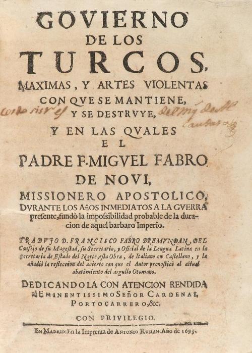 1693. LIBRO. (HISTORIA). FABRO DE NOVI, F. MIGUEL:. GOVIERNO