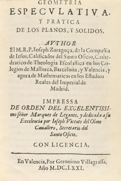 1671. LIBRO. (CIENCIAS). ZARAGOZA, P. JOSEPH:. GEOMETRIA ESP