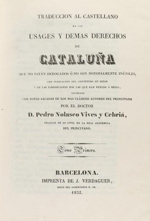 1832-1838. LIBRO. (DERECHO CATALÁN). VIVES I CEBRIÀ, PERE NO