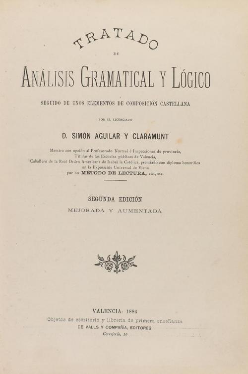 1886. LIBRO. (GRAMÁTICA). AGUILAR Y CLARAMUNT, SIMÓN:. TRATA
