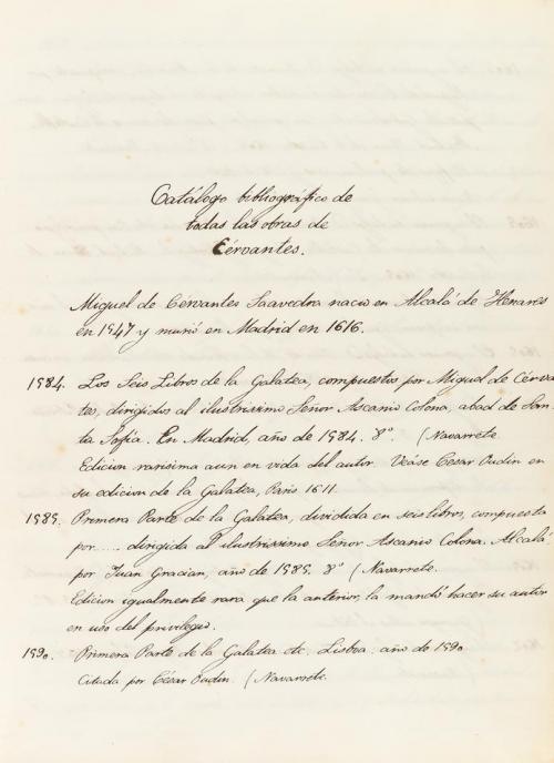 1880 ca. MANUSCRITO. (CERVANTINA-BIBLIOGRAFÍA). CATÁLOGO BIB