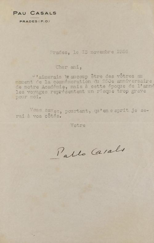 1956. MANUSCRITO. (FIRMA). CASALS, PABLO:. CARTA MECANOGRAFI