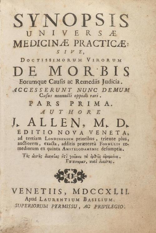 1742. LIBRO. (MEDICINA). ALLEN, M. D.:. SYNOPSIS UNIVERSAE M