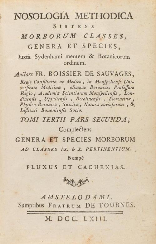 1763. LIBRO. (MEDICINA). SAUVAGES, BOISSIER DE:. NOSOLOGIA M