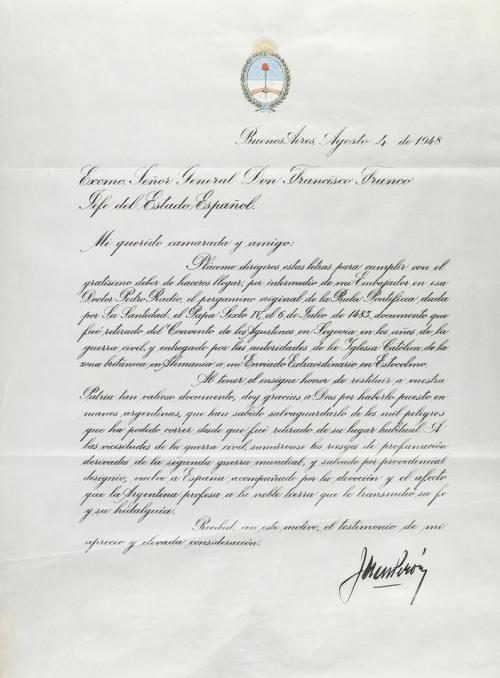 1948. MANUSCRITO. PERÓN, JUAN:. CARTA FIRMADA POR EL MANDATA