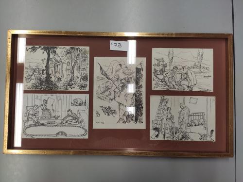 1910 ca. ORIGINAL ARTÍSTICO. JUNCEDA:. CINCO DIBUJOS ORIGINA
