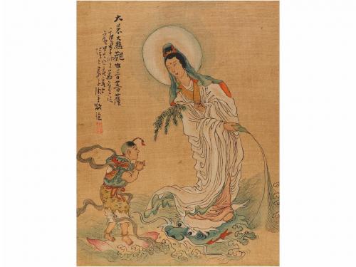 1900 ca. GRABADO. 5 ESTAMPAS CHINAS SOBRE SEDA. Serigrafías 