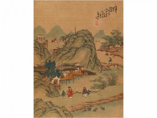 1900 ca. GRABADO. 5 ESTAMPAS CHINAS SOBRE SEDA. Serigrafías 