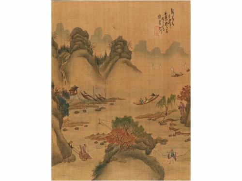 1900 ca. GRABADO. 5 ESTAMPAS CHINAS SOBRE SEDA. Serigrafías 