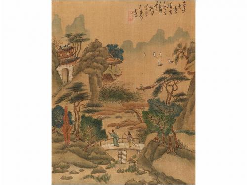 1900 ca. GRABADO. 5 ESTAMPAS CHINAS SOBRE SEDA. Serigrafías 