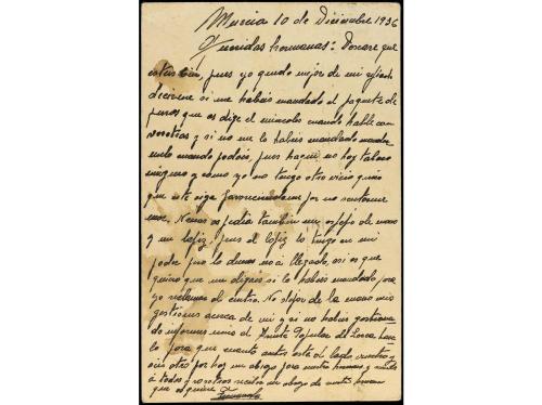 ✉ ESPAÑA GUERRA CIVIL. 1936. MURCIA correo interior, 15 cts.