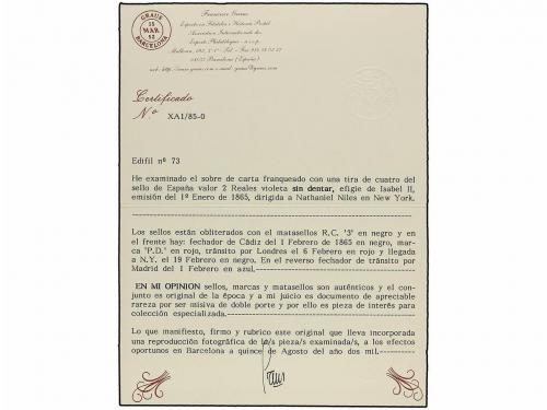 ✉ ESPAÑA. Ed. 73 (4). 1865. CÁDIZ a NEW YORK. 2 reales lila,