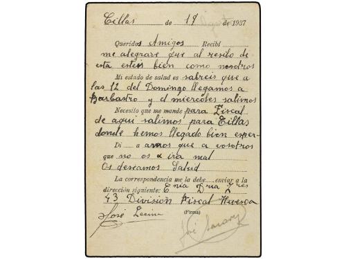 ✉ ESPAÑA GUERRA CIVIL. 1937. CILLAS (Huesca) a SIÉTAMO. Tarj