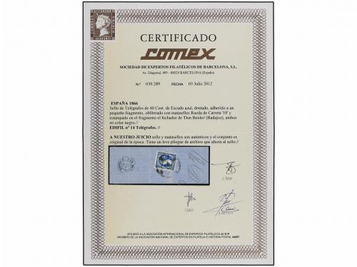 Δ ESPAÑA. 40 cts. de escudo azul de TELEGRAFOS usado como se