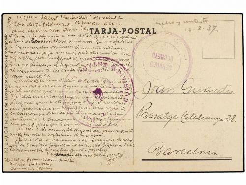 ✉ ESPAÑA GUERRA CIVIL. 1937. ALMUNARIENTE (Huesca) a BARCELO