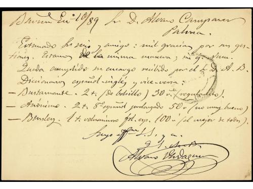 ✉ ESPAÑA. Ed. 202. 1889. Tarjeta Postal de la LIBRERIA ALVAR