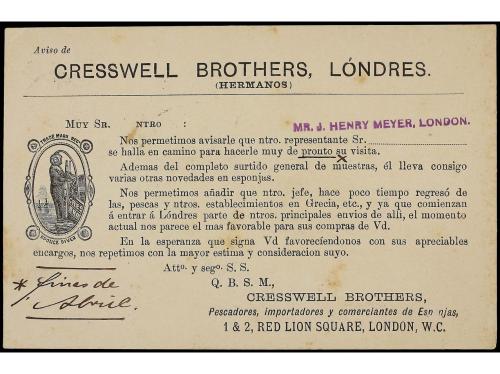 ✉ ESPAÑA. Ed. 201. (1887?). Tarjeta Postal de CRESSWELL BROT