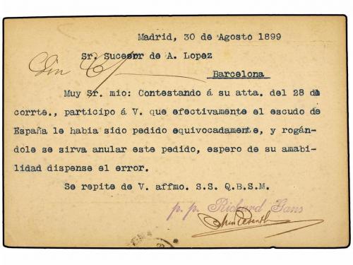 ✉ ESPAÑA. Ed. 217. 1899. Tarjeta Postal de RICHARD GANS en M
