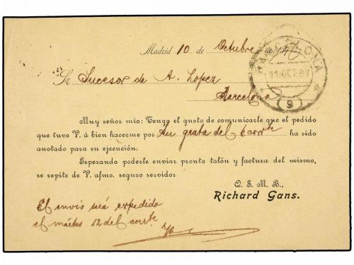 ✉ ESPAÑA. Ed. 217. 1897. Tarjeta Postal de RICHARD GANS en M