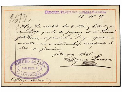 ✉ ESPAÑA. Ed. 217. 1893. Tarjeta Postal de MIGUEL LA CASA de