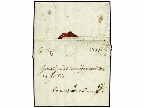 ✉ ESPAÑA: PREFILATELIA. Ed. . 1705. CADIZ a AMBERES escrita 