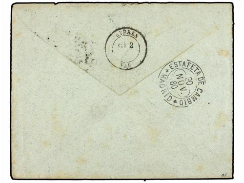 ¿ GIBRALTAR. 1880. GIBRALTAR to FRANCE. 1/2 d. red and two 1