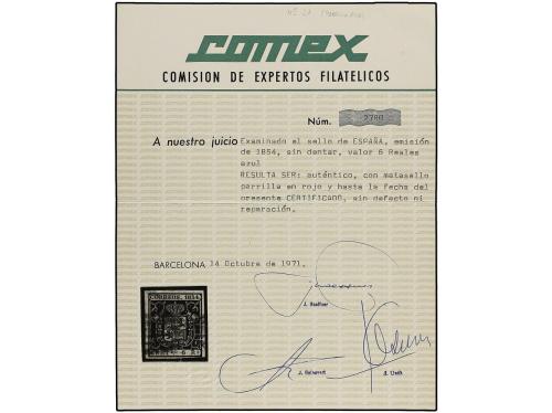 ° ESPAÑA. Ed. 27. 6 reales azul. Mat. PARRILLA ROJA. MAGNÍFI