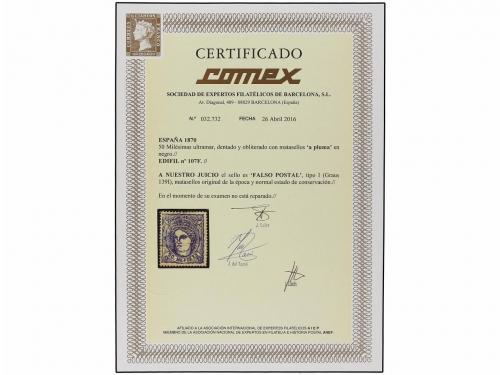 ° ESPAÑA. Ed. 107F. 50 mils. azul FALSO POSTAL tipo I. Mat. 