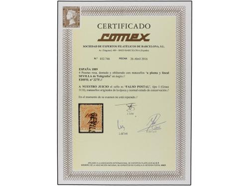 ° ESPAÑA. Ed. 227F. 4 pts. rosa. FALSO POSTAL tipo I. Mat. a