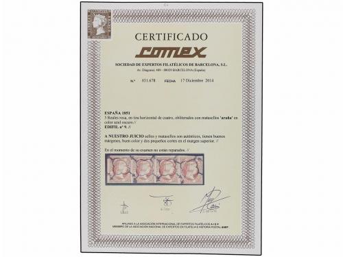 ° ESPAÑA. Ed. 9 (4). 5 reales rosa. Tira de cuatro, mat. ARA