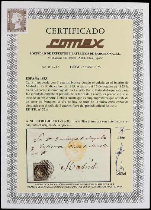 ✉ ESPAÑA. Ed. 23. 1853 (13 Dec.). MADRID correo interior. 3 