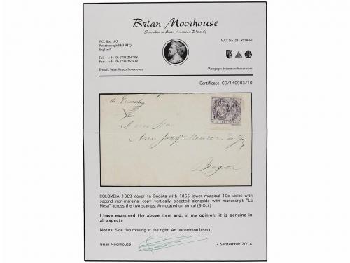 ✉ COLOMBIA. Sc. 38. 1869. Cover from LA MESA to BOGOTA, fran