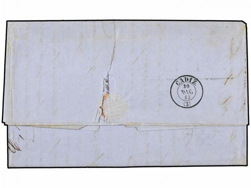 ✉ CUBA. Ant. 7 (3). 1858. HABANA a CÁDIZ. 1/2 real azul tira