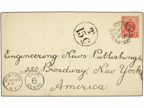 ✉ AFRICA DEL SUR. 1906. NATAL to NEW YORK (U.S.A.). 1 d. red