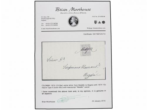 ¿ COLOMBIA. Sc. 69c. 1874. MEDELLIN a BOGOTÁ. 10 cents. lila